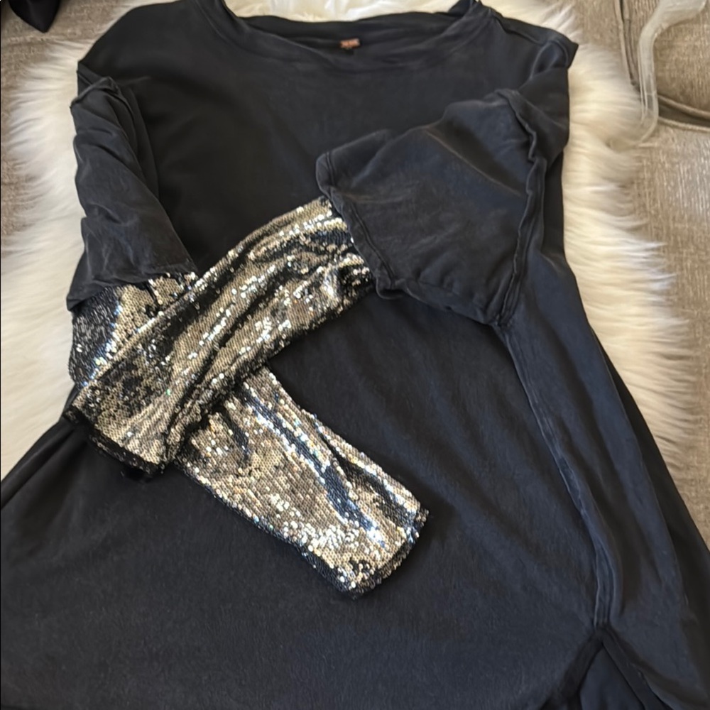 Women's Black Top with Silver Sequin Sleeves